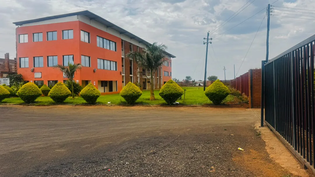 The campus seen from the main gate, with trimmed hedges and palm trees