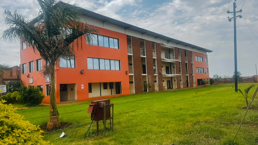 Palm trees and lawn in front of the classroom block